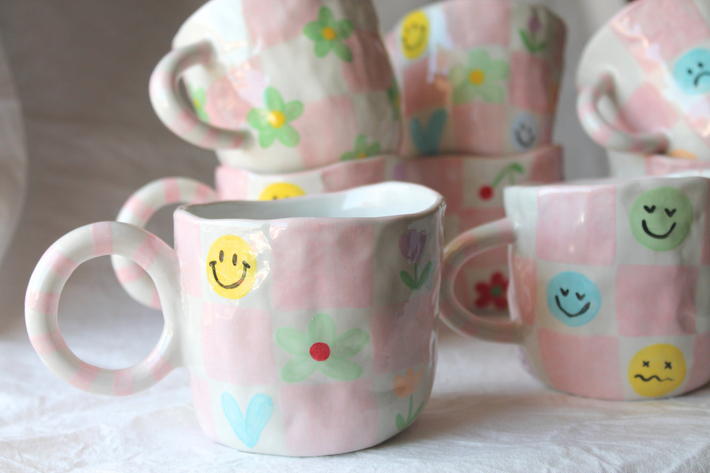 Checkered Mix mug, Smile, flowers,hearts